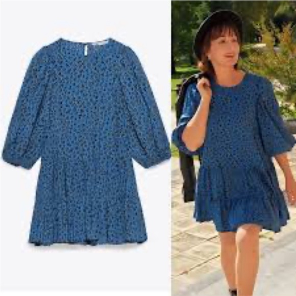Zara Blue Leopard Tiered Smock Dress large - Picture 4 of 9